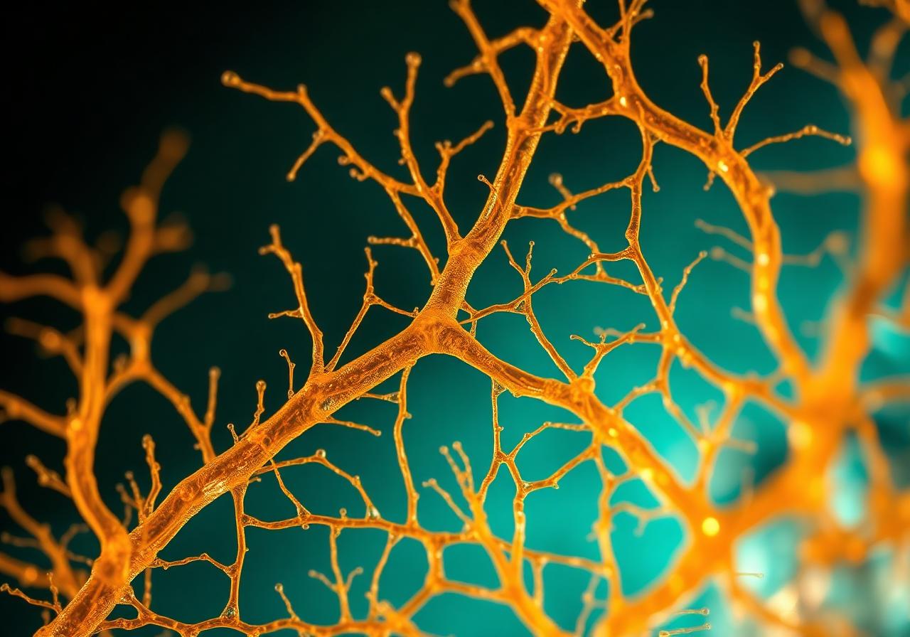 Macro view of glowing collagen filaments and regenerating tissue against deep teal background