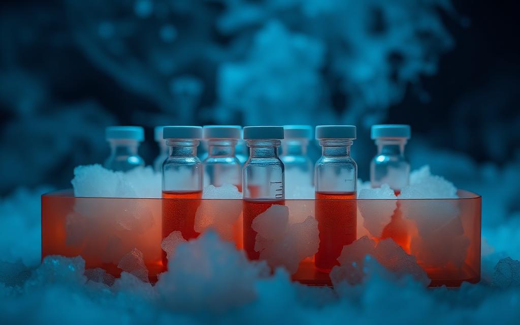 Frosted research peptide vials in temperature-controlled packaging surrounded by cold mist
