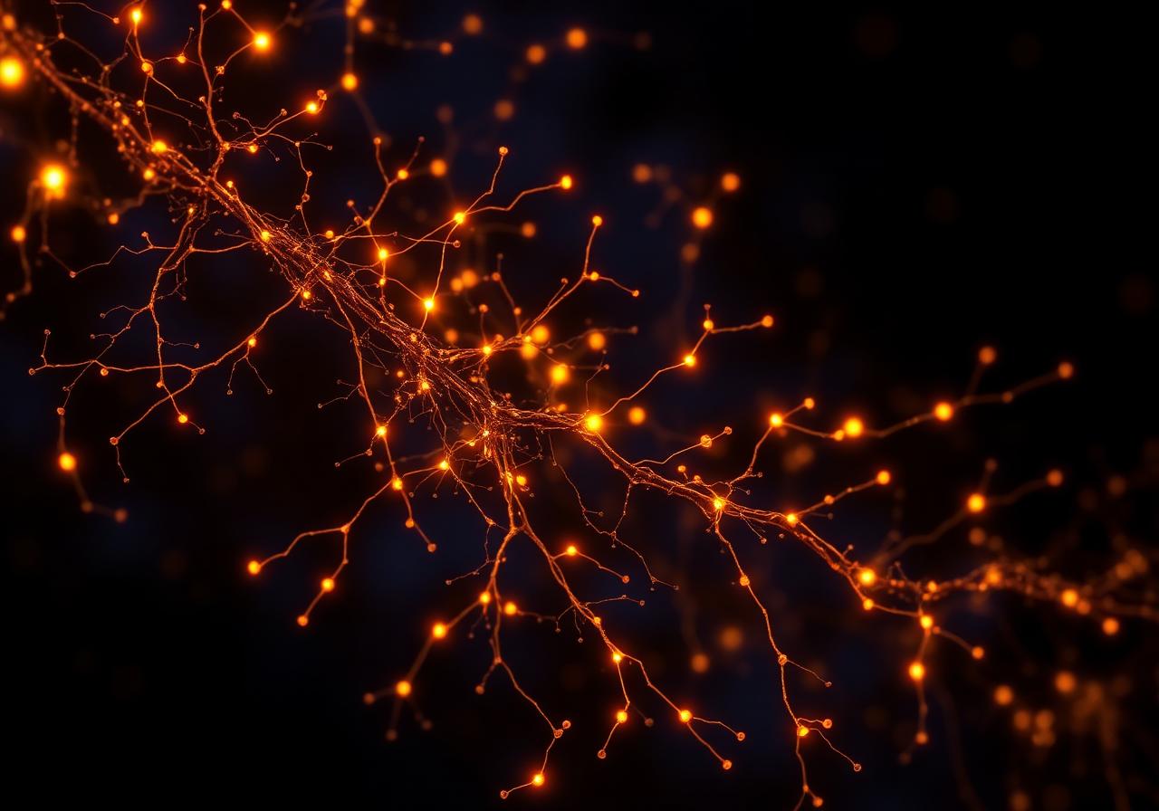 Glowing neural network with amber synaptic firing across a midnight blue background