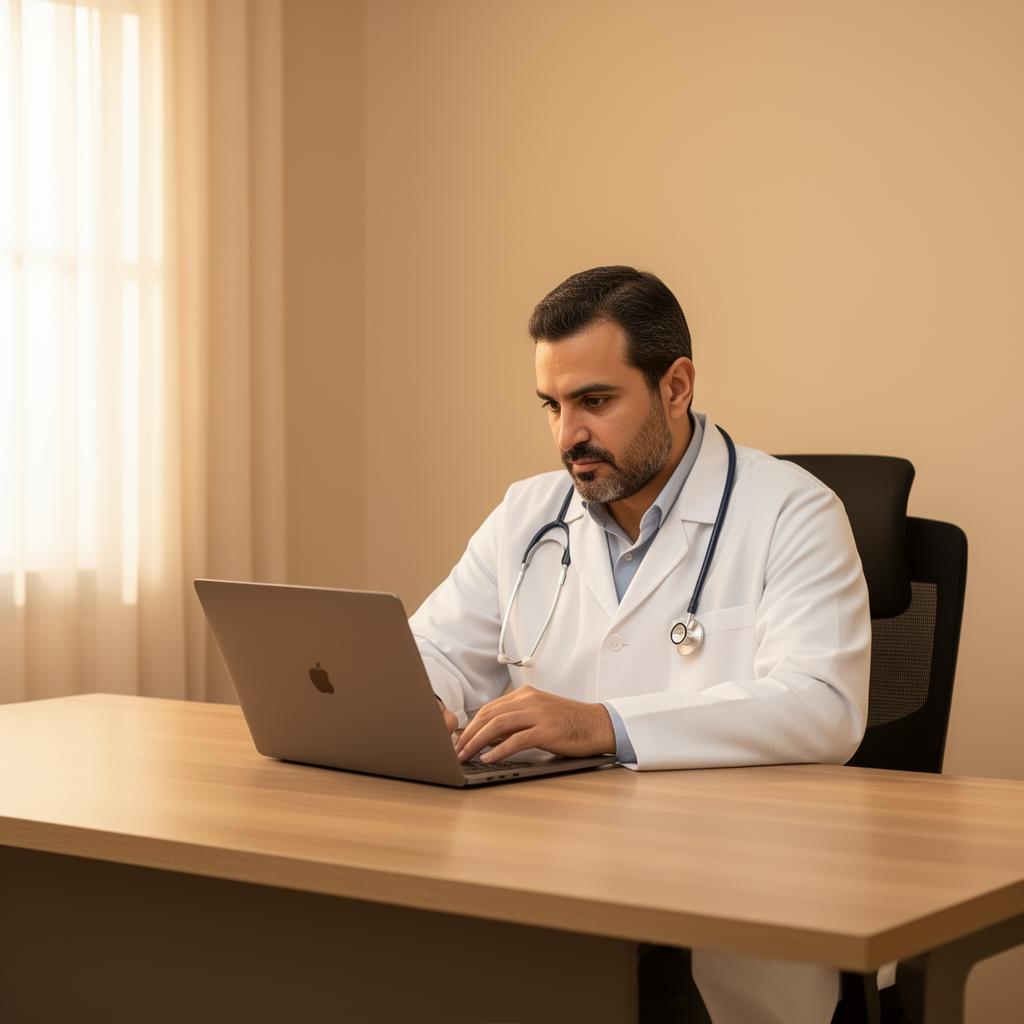 UAE-licensed doctor reviewing a patient case on a laptop