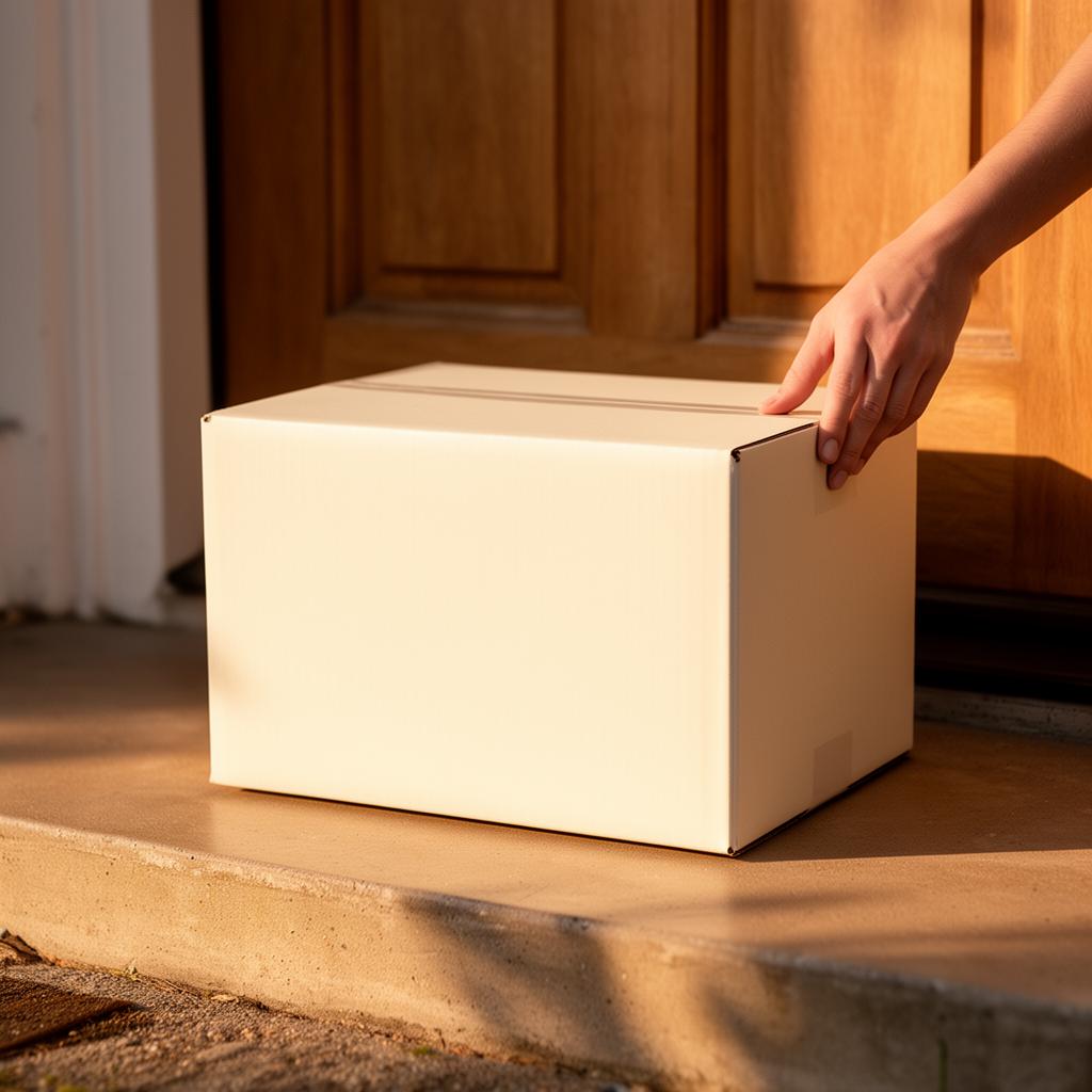 Plain unbranded Orvion parcel delivered to a doorstep