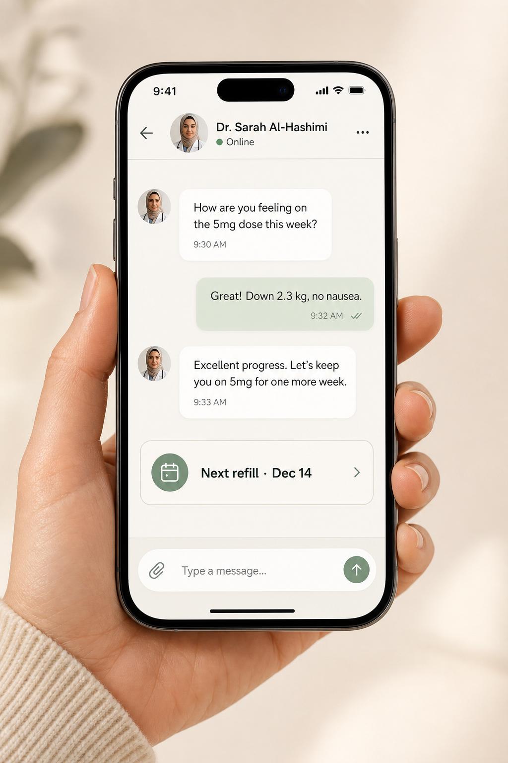 Orvion app showing chat with your doctor
